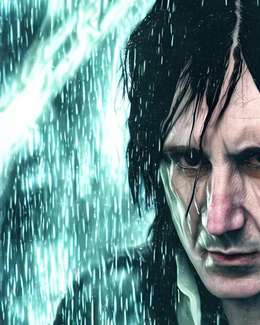 Image similar to An epic fantasy comic book style portrait painting of a very imposing Industrial goth Trent Reznor as Severus Snape in the rain, wet hair, neon reflections, character design by Mark Ryden and Pixar and Hayao Miyazaki, unreal 5, DAZ, hyperrealistic, octane render, cosplay, RPG portrait, dynamic lighting, intricate detail, cinematic