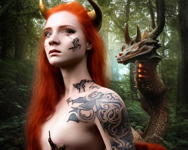 Image similar to 5 5 mm portrait photo of an armored gorgeous anesthetic redhead woman warrior with a face tattoo and horns growing from her head, and small dragon sitting on her shoulder in a magical forest in the style of stefan kostic, art by luis royo. highly detailed 8 k. intricate. lifelike. soft light. nikon d 8 5 0. cinematic post - processing