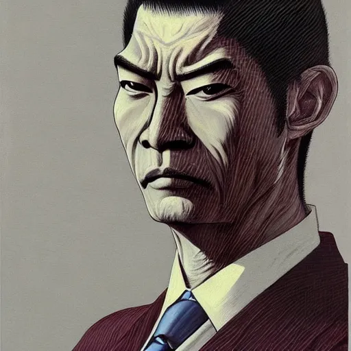 Prompt: Portrait of Japanese Yakuza wearing a business suit , very coherent, painted by Edward Hopper, Wayne Barlowe, painted by James Gilleard, airbrush, art by JamesJean