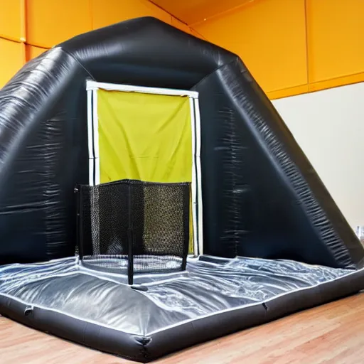 Prompt: A black trampoline next to A bouncy house with a ball pit inside a big empty room with windows