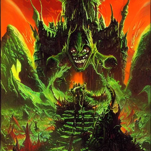 Image similar to green goblin in hell by paul lehr and moebius