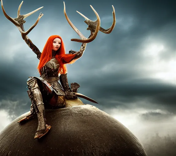 Image similar to a photo of an armored woman warrior redhead with antlers sitting on a giant mushroom that covers a whole village and reaches above the clouds by luis royo. intricate. lifelike. soft light. sony a 7 r iv 5 5 mm. cinematic post - processing