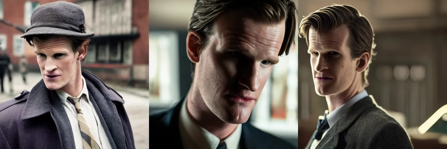Prompt: close - up of matt smith as a detective in a movie directed by christopher nolan, movie still frame, promotional image, imax 7 0 mm footage