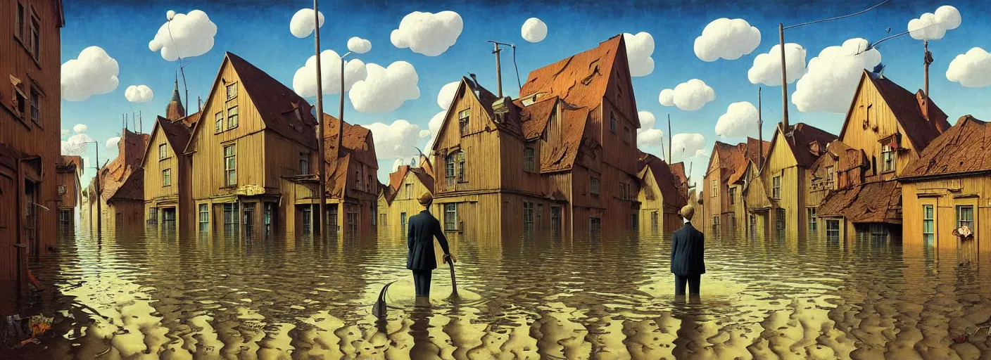 Prompt: flooded! old wooden empty cursed city street, very coherent and colorful high contrast masterpiece by gediminas pranckevicius rene magritte norman rockwell franz sedlacek, full - length view, dark shadows, sunny day, hard lighting, reference sheet white background