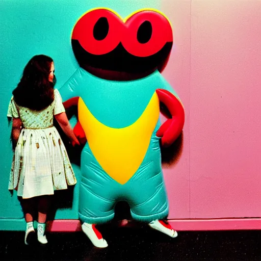 Image similar to 1978 teenage girl holds hands with smiley inflatable boyfriend at high school, color John Waters film, in school hallway, dirty walls, archival footage, technicolor film, 16mm, live action, Fellini, campy