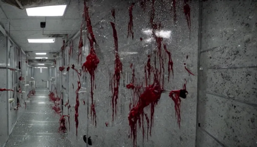 Image similar to Big budget horror movie set in an undersea biolab, the walls are splattered with blood