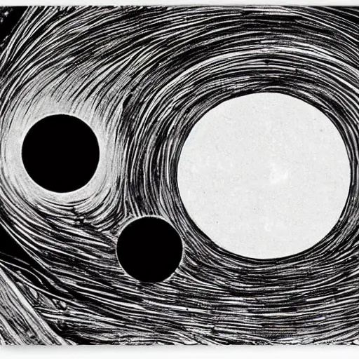 Prompt: A beautiful land art of a black hole. This hole appears to be a portal to another dimension or reality, and it is emitting a bright, white light. There are also stars and other celestial objects around it. ecru by Bernard Buffet kaleidoscopic