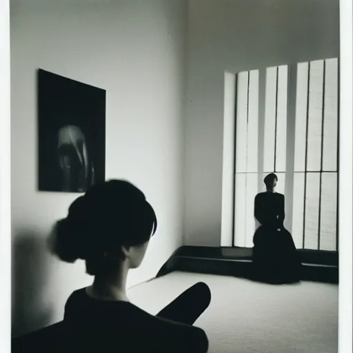 Prompt: an adult woman sitting in a living room designed by yohji yamamoto, polaroid