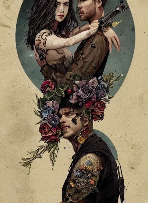 Image similar to tarot card :: horror :: hearts and roses :: gold and silver :: guns and swords :: side profile :: highly details :: intricate details :: Sandra Chevrier and bastien lecouffe deharme