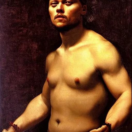 Prompt: Leonardo Di Caprio as a Gladiator Caravaggio painting