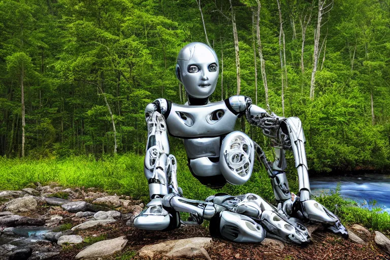 Prompt: professional photo of highly-detailed robot sitting cross-legged with its head pointing down realizing he is the last robot in existence, on a small hill, in a fantasy forest with blooming trees and surrounded my wildlife, river flowing beside the robot, 4k, highly detailed, Unreal Engine