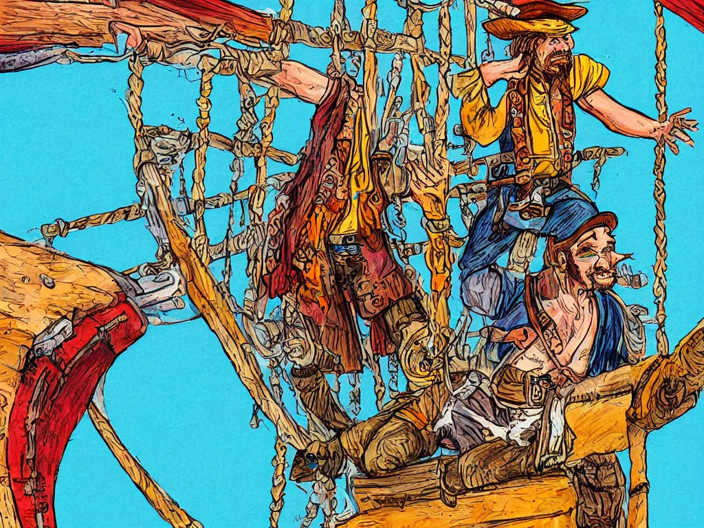 Prompt: a colorful detailed illustration of a drunk pirate barely holding on to the bowsprit of a pirate ship, long shot, captain morgan rum style