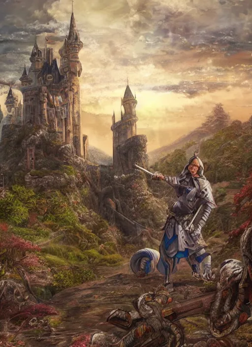 Prompt: huge and intricate castle in background, sword stuck in the dirt in the foreground, fantasy painting, realistic