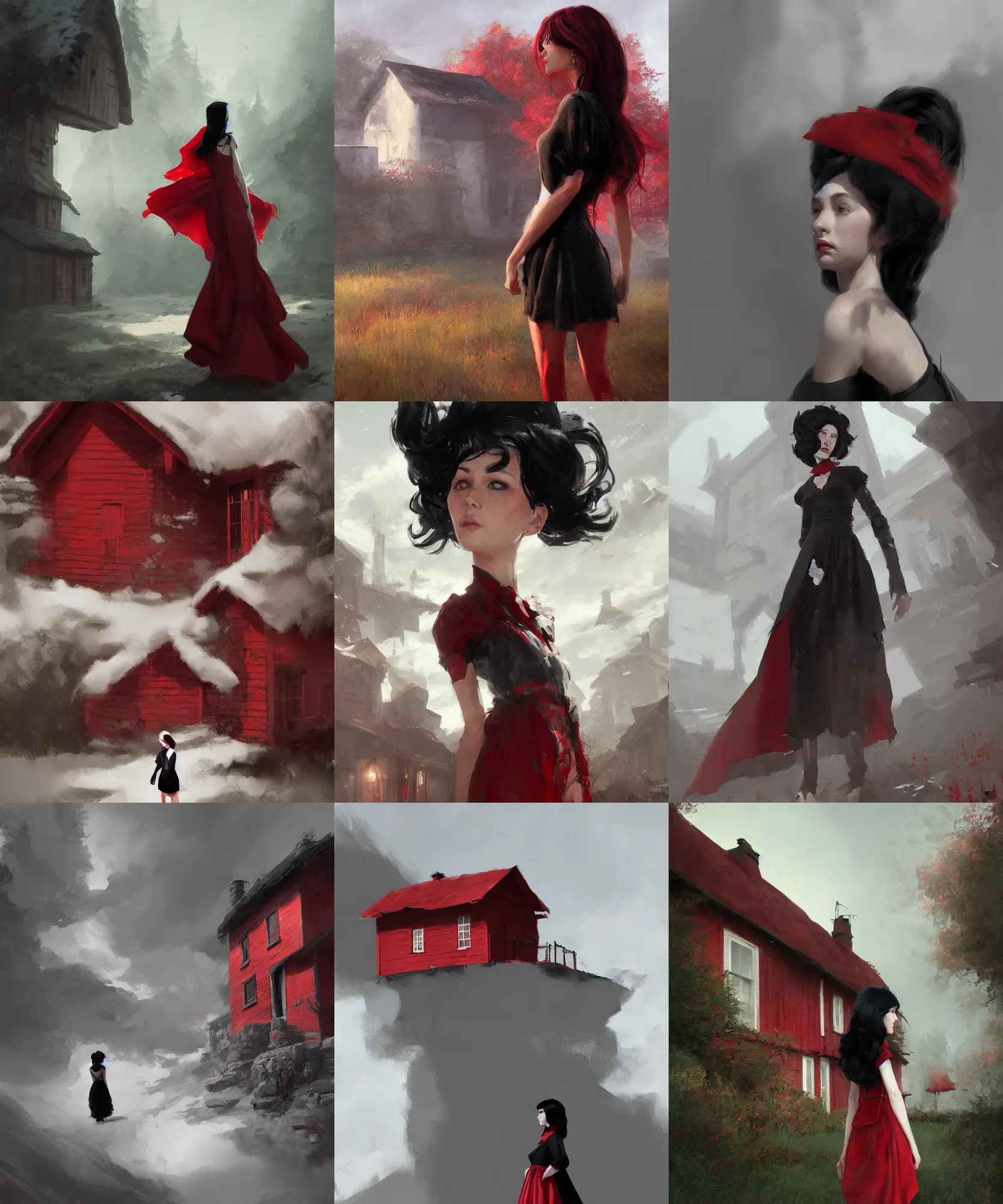 Prompt: a young woman in the shadow! of a red cottage!. black hair, white! dress, sharp focus, wide angle, digital art by eddie mendoza, trending on artstation