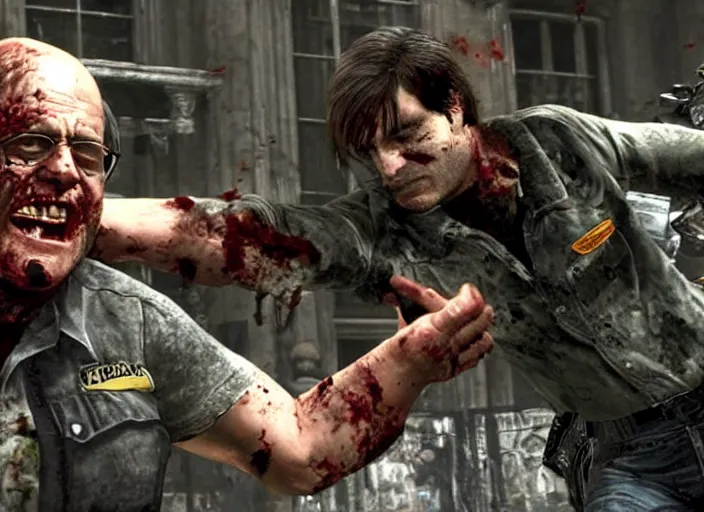 Image similar to video game still of danny devito as leon fighting off a zombie in the video game resident evil 2,