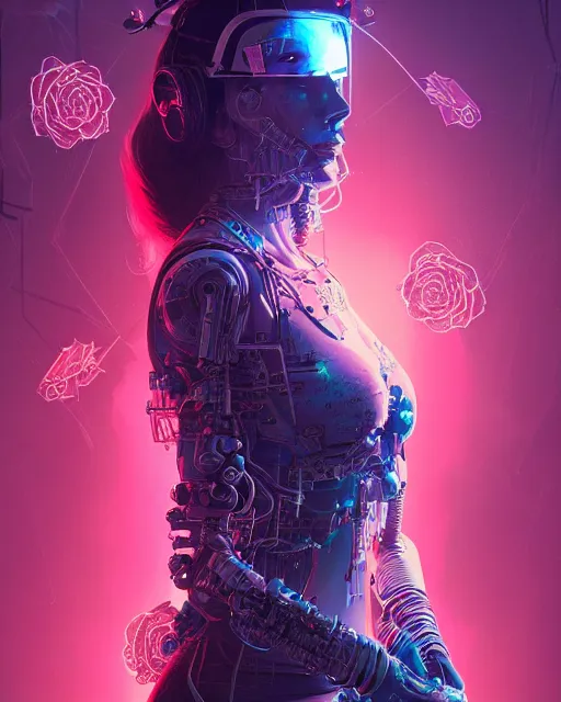 Image similar to portrait of lana del rey as a cyberpunk cyborg. roses, sci - fi, intricate abstract, upper body, intricate artwork, by tooth wu, wlop, beeple, dan mumford. concept art, 8 k octane render, deviantart, greg rutkowski, cinematic, key art, hyperrealism, iridescent accents