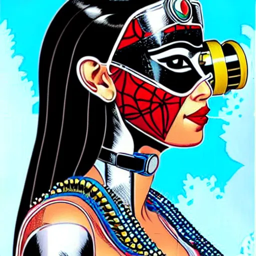 Image similar to a profile photo of a egyptian woman with a diving oxygen mask with side profile blood in ocean intricate details by MARVEL comics and Sandra Chevrier-C