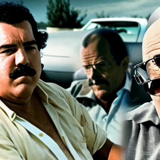 Image similar to Pablo Escobar next to Walter White 4K quality super realistic