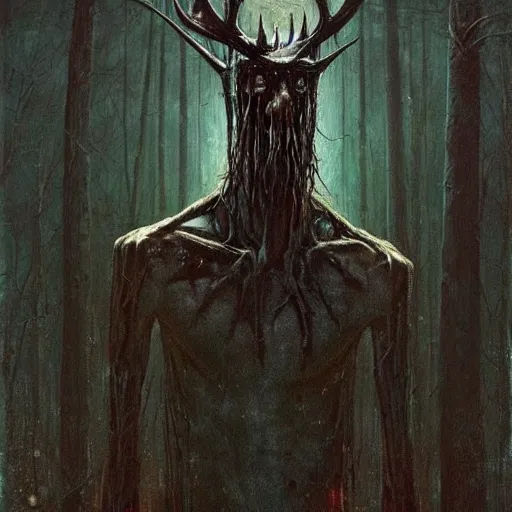 Image similar to an oil painting of wendigo by esao andrews. circa survive album cover art. dark. muted colors. gothic. oil painting with brush strokes. creepy.