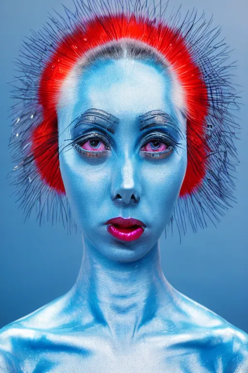 Prompt: beautiful portrait of a blue alien woman with 4 insect eyes, wearing an outfit made from plutonium, silicone skin, symmetrical face, piercings resembling plasma jets, the 5 th element, cinematrographic, elegant, soft shapes, sharp details, 3 5 mm, f / 2 4