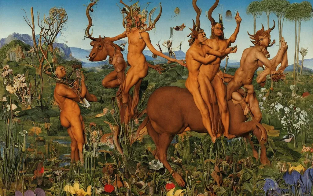 Image similar to a portrait photograph of a meditating satyr and a centaur monk riding a rocket machine and hunting at a river delta. surrounded by bulbous flowers and trees. mountain range under a blue sky of fiery stars. by jan van eyck, max ernst, ernst haeckel, ernst fuchs and artgerm, cgsociety, fashion editorial, 8 k