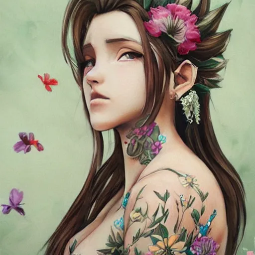 Prompt: concept art of aerith gainsborough with tattoos, amongst flowers, high quality, detailed, trending on artstartion