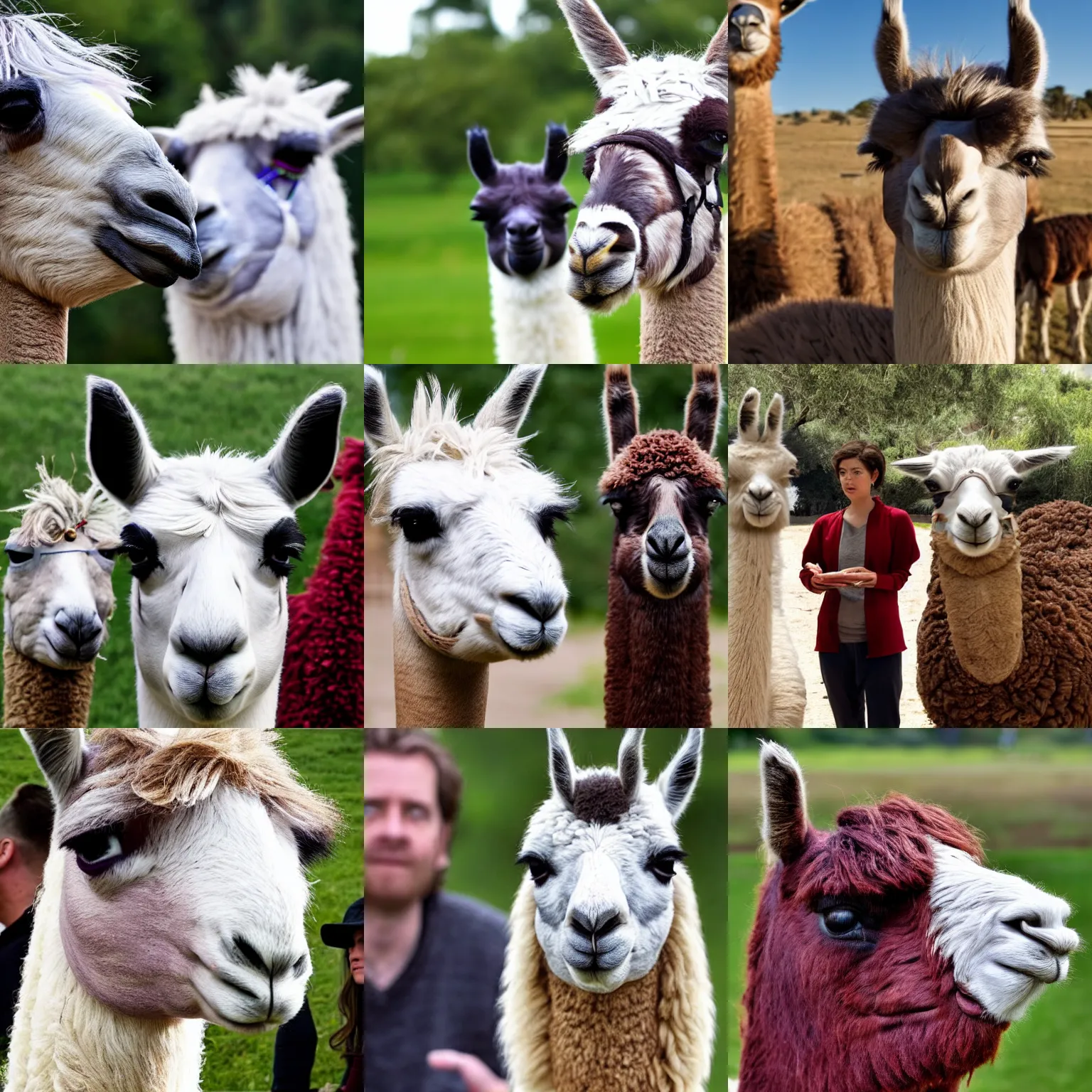 Prompt: photo hd 9 k movie still > two people next to a llama, the llama gives a knowing look into the camera
