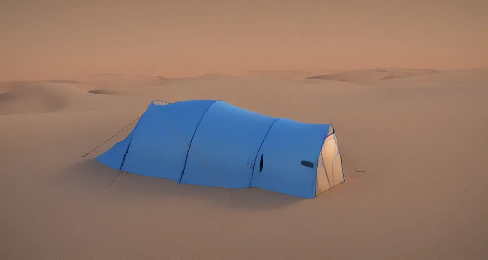 Image similar to hyper realistic matte painting of a small tent in the desert with dunes at night, blue color scheme, artstation, cgsociety