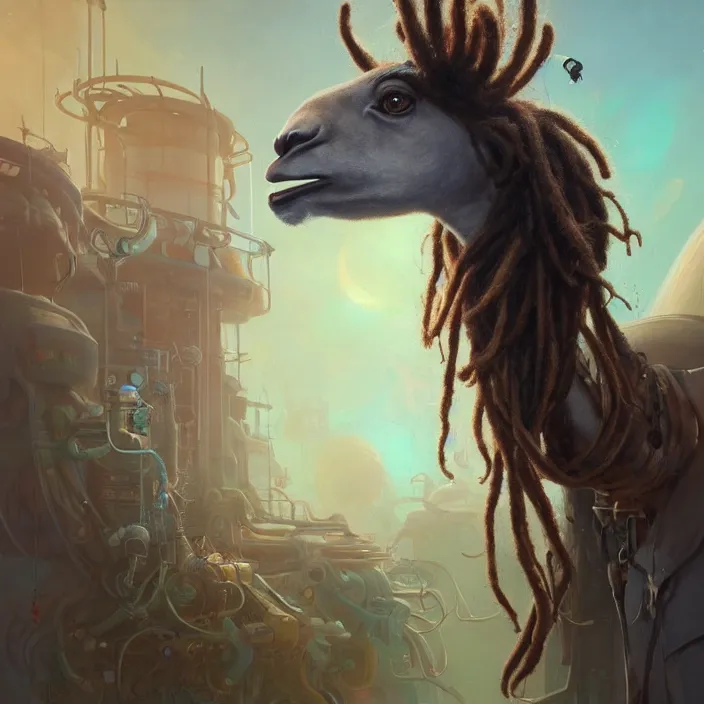 Prompt: a singular llama with dreadlocks, industrial sci-fi, by Mandy Jurgens, Ernst Haeckel, James Jean, artstation, concept art, with beautiful colors