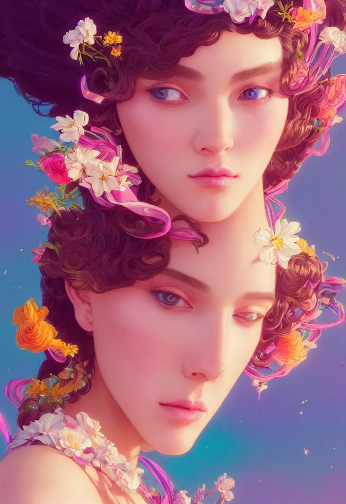 Prompt: young beautiful woman, gorgeous face, vaporwave aesthetic, synthwave, colorful, psychedelic, artstation, flowers, bees, ribbons, concept art, full - body, gown, smooth, extremely sharp detail, finely tuned detail, 8 k, unreal engine 5, ultra sharp focus, illustration, art by artgerm and greg rutkowski and alphonse mucha