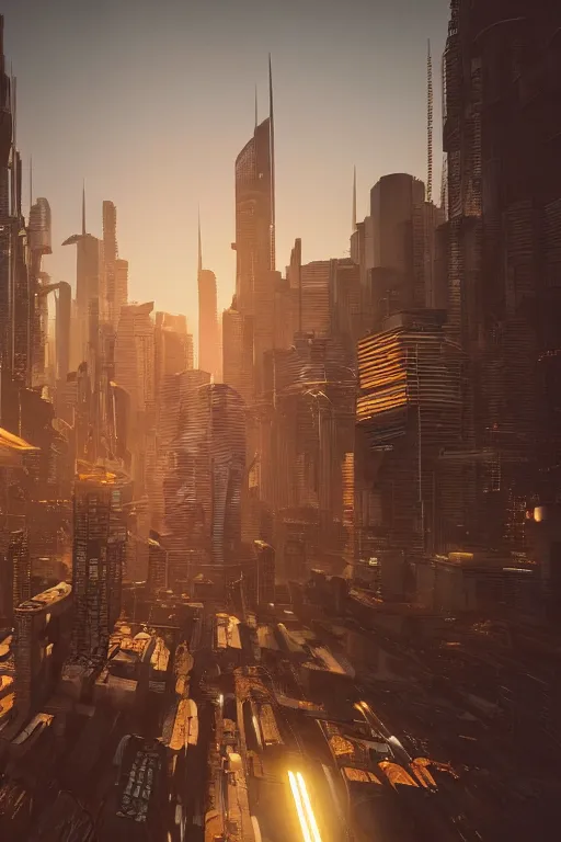 Prompt: cyberpunk cityscape with tall buildings at dusk golden hour orange cinematic lighting, epic composition. A golden daylight, hyper-realistic environment. Hyper and intricate detail, photo-realistic. Cinematic and volumetric light. Epic concept art. Octane render and Unreal Engine, trending on artstation