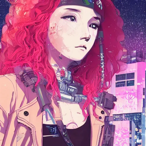 Image similar to zoom - out, a grungy cyberpunk anime, very cute, by super ss, cyberpunk fashion, curly pink hair, night sky by wlop, james jean, victo ngai, highly detailed