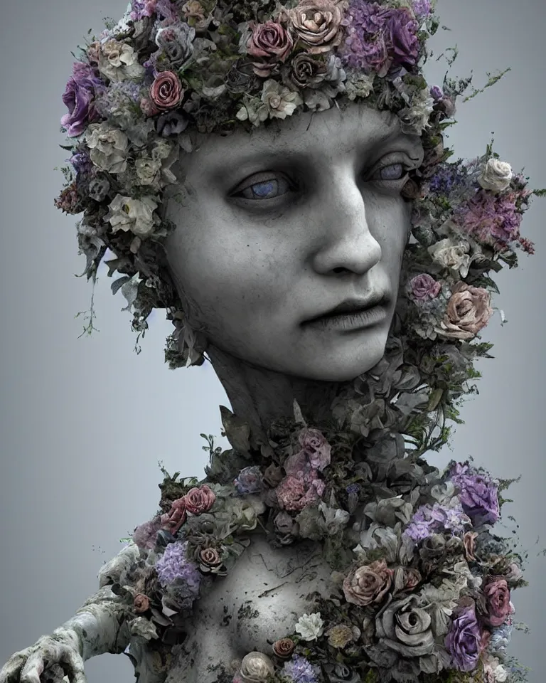 Image similar to portrait of gothic cemetery statue breaking apart, made of mist, made of flowers, Andrew Ferez, Charlie Bowater, Marco Mazzoni, Seb McKinnon, Ryohei Hase, Alberto Seveso, Kim Keever, trending on cgsociety, featured on zbrush central, new sculpture, mystical