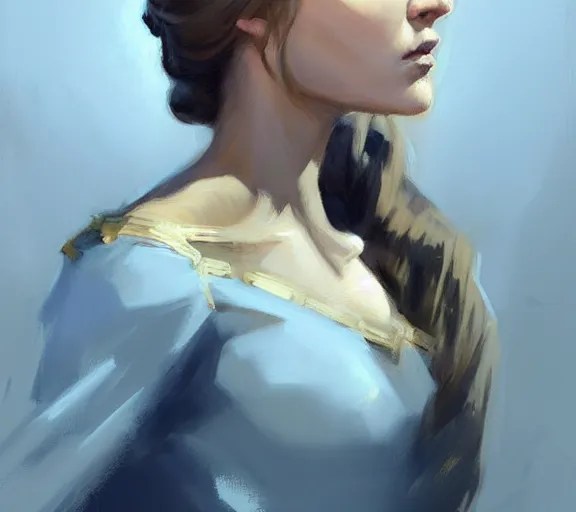 Image similar to greg manchess portrait painting of beautiful princess as game of throne character, medium shot, asymmetrical, profile picture, organic painting, sunny day, matte painting, by greg rutkowski, by greg tocchini, by james gilleard, by joe fenton, dynamic lighting, gradient light blue, brown, blonde cream and white color scheme, grunge aesthetic