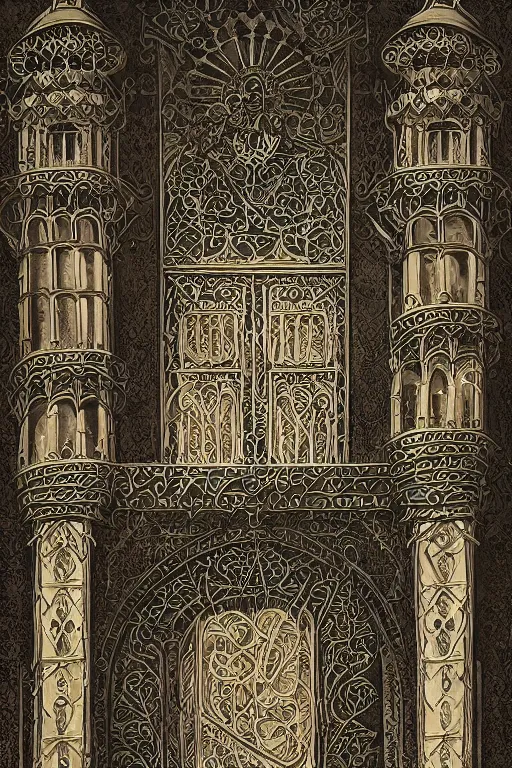 Image similar to ancient silver tower of the cat, fairytale illustration, elaborate carved latticed balconies, tall windows, moorish architecture, paid placement, SEO, formal gardens, dramatic cinematic lighting, beautiful moths, soft colors, golden age illustrator, unreal engine