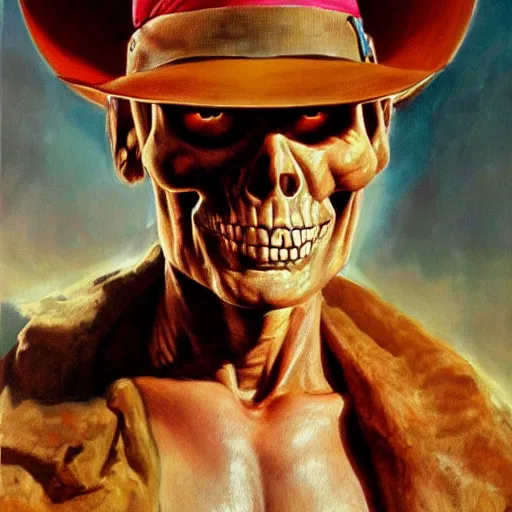 Prompt: ultra realistic portrait painting of skeletor as indiana jones, art by frank frazetta, 4 k, ultra realistic, highly detailed, epic lighting