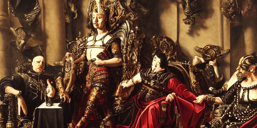 Image similar to epic, low angle, digital painting, of a 1 7 th century, decadent, cyborg king holding court in his throne room, dark hair, piercings, amber jewels, baroque, ornate dark red opulent clothing, scifi, futuristic, realistic, hyperdetailed, concept art, art by caravaggio, masterpiece