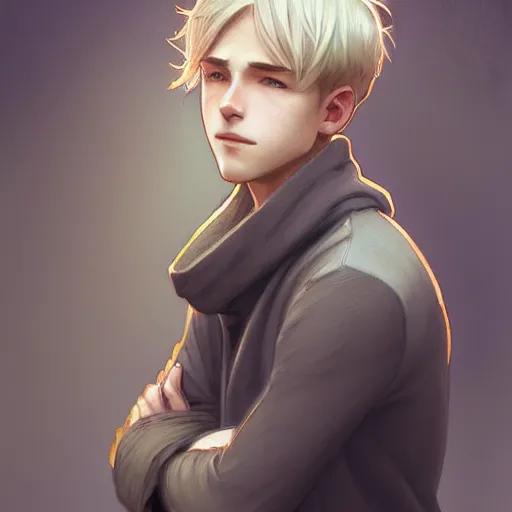 Image similar to young man with short, ash blond greyish hair, light brown eyes, casual clothes, relaxing, happy, path traced, highly detailed, high quality, digital painting, by studio ghibli and alphonse mucha, leesha hannigan, beautiful details, soft and warm