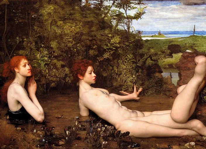 Image similar to looking into rocking hole in the ground. 2 0'down a tranquil pond and a sandy beach are visible. edgar maxence and caravaggio and michael whelan and delacroix style, artistic, intricate painting, cinematic lighting, hyper realistic, extremely detailed, vivid colors, establishing shot, dramatic lighting