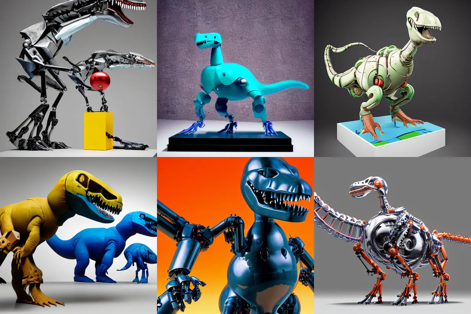 Prompt: A propaganda, plastic simple funny mechanical mechabot dinosaur pictoplasma characterdesign toy sculpture, by david lachapelle, by jeff koons, in a black empty studio hollow, c4d