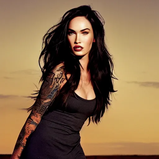 Prompt: megan fox looking into the distance, medium - shot, backlighning, by annie leibowitz