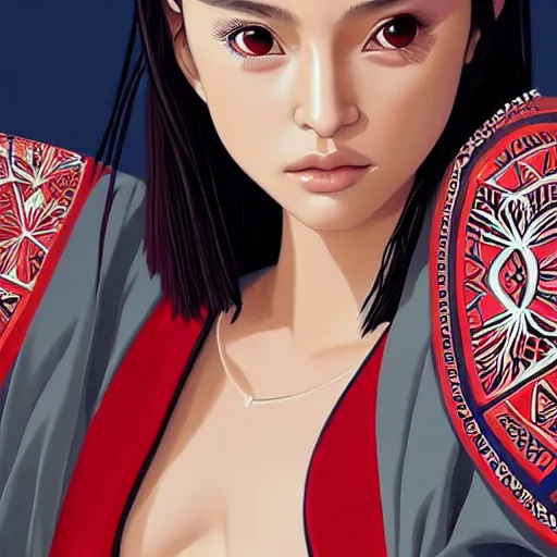 Prompt: a beautiful young japanese natalie portman alluring gravure model, stylized concept art, wearing elaborate oversized designer bomber jacket and one piece bikini, bulky bomber jacket with mesoamerican patterns, mesoamerican native street fashion, princess mononoke, painted by ilya kuvshinov aesthetic, gorgeous, stunning, alluring, attractive, artstation, pinterest, digital art