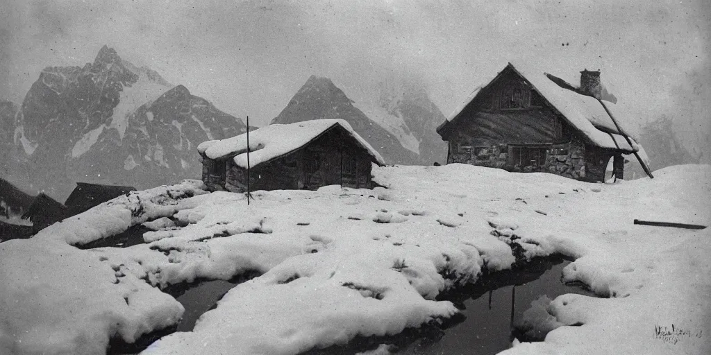 Image similar to 1 9 2 0 s photography of hut in the alps being submerged in snow