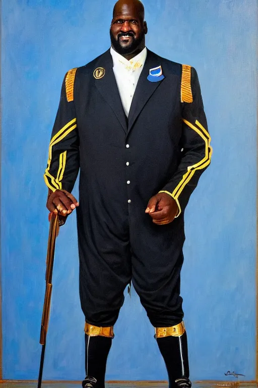 Image similar to full body portrait of shaquille o'neil as the dictator of the orlando magic, 1 8 8 9, in full military garb, magic blue, silver, and black,, oil on canvas by william sidney mount, trending on artstation