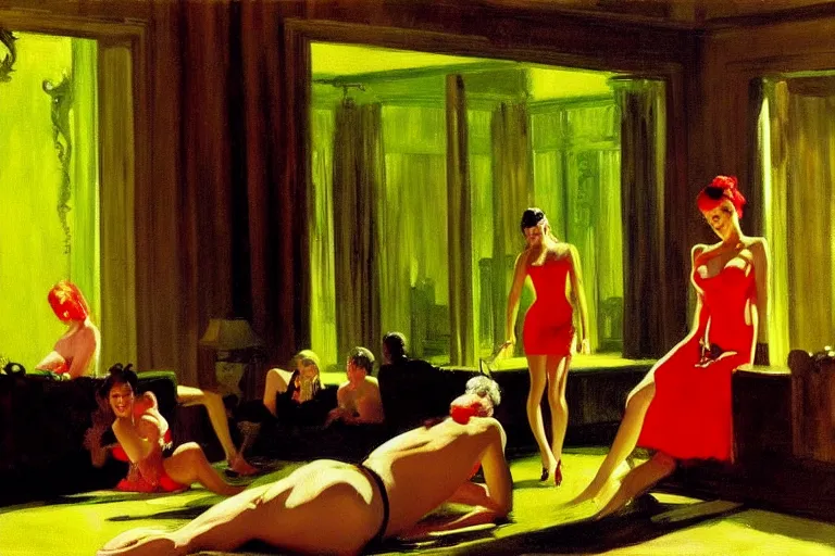 Image similar to party at the playboy mansion, painting by edward hopper and eric fischl and robert mcginnis
