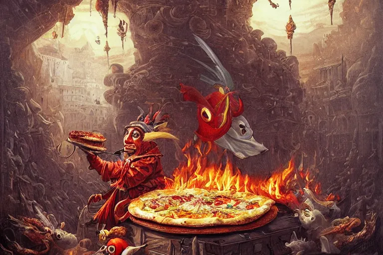 Prompt: a highly detailed menacing painting of pulcinella!!! from naples with a pizza!! and lots of fire, a volcano and dark smoke, an ultrafine detailed painting by joe fenton, dramatic lighting, trending on deviantart, sharp focus, octane, masterpiece