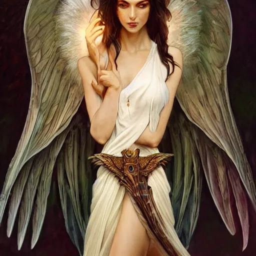 Image similar to a great lucifer, with beautiful wings, beautiful feather, beautiful eyes, olive skin, long dark hair, beautiful bone structure, intricate, elegant, highly detailed, digital painting, artstation, concept art, smooth, sharp focus, illustration, art by artgerm and greg rutkowski and alphonse mucha