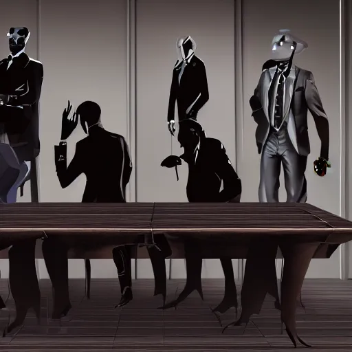 Image similar to HD render of shadow figures in suits sitting around a table in an occultic lair scheming and plotting, Ultra realistic digital art painting trending on artstation, photo realistic, black and purple colour scheme