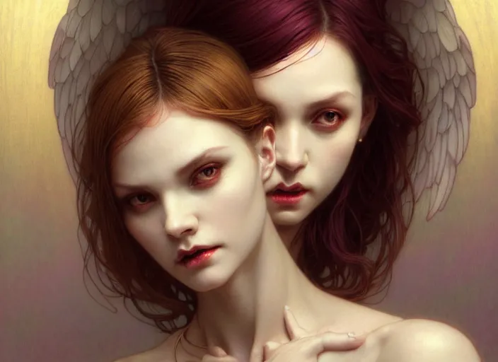 Image similar to portrait of demonic woman and angelic woman, confident pose, pixie, genshin impact, intricate, elegant, sharp focus, soft bokeh, illustration, highly detailed, concept art, matte, trending on artstation, bright colors, art by wlop and artgerm and greg rutkowski, mucha, giger, marvel comics and beksinski