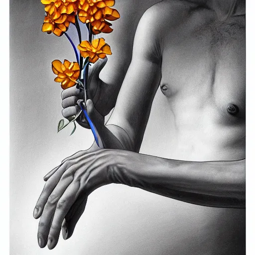 Image similar to a man's hand holding a flower, surreal, art by peter lloyd, 1 9 8 0's art, airbrush style, art by hajime sorayama,, intricate, elegant, sharp focus, illustration, highly detailed, h 8 0 0